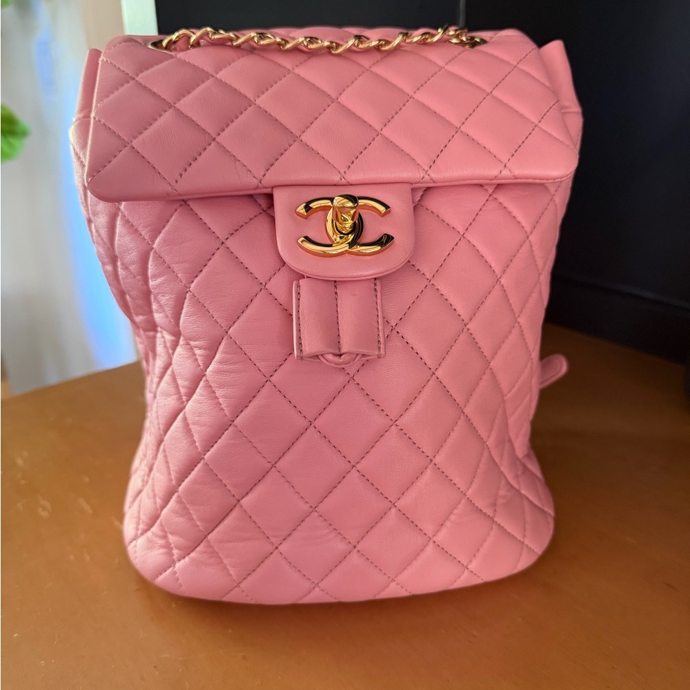 CHANEL Pink Quilted Leather Backpack with Gold Hardware